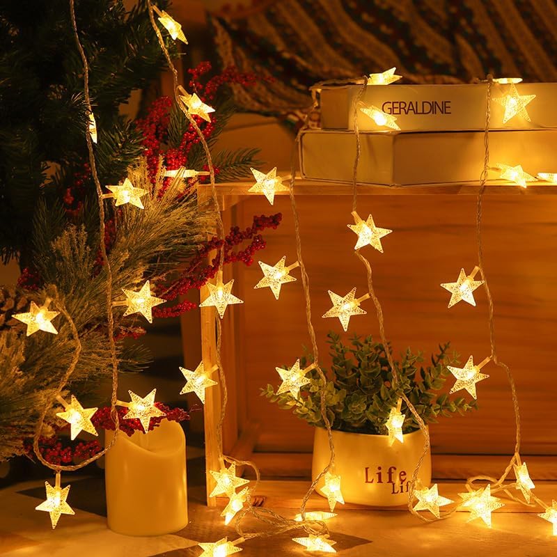 Star String Lights - 50 LED Twinkle Lights | 17 ft Battery Operated Fairy Lights for Kids' Bedroom, Wedding, Patio Decor - Warm White