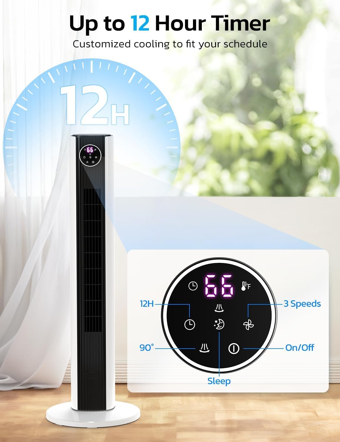 ZAFRO Tower Fan - 90° Oscillating Design with 4 Modes, 3 Speeds & 12H Timer | 36-Inch Black & White