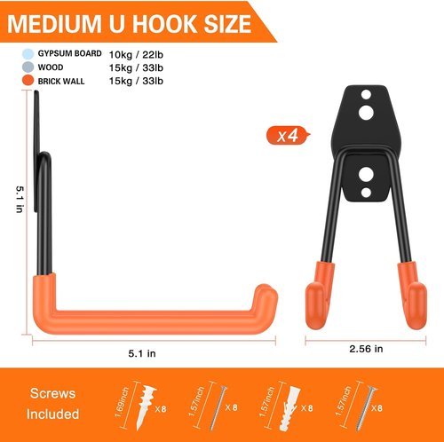 HUPBIPY Heavy Duty Garage Hooks - 5.1 Inch U-Shaped Wall Mounted Tool Organizer | 4 Pack for Ladders & Hoses