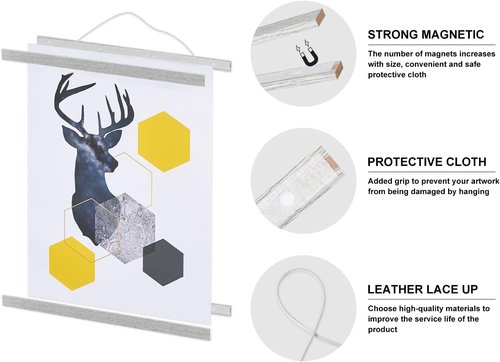 Benjia Magnetic Poster Hanger - 16" Wooden Frame for Canvas & Artwork | Easy Wall Display in Grey
