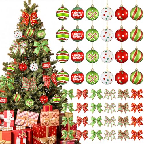 Christmas Tree Ornaments Set with Glittering Red and Green Balls and Bows - 48 Pieces