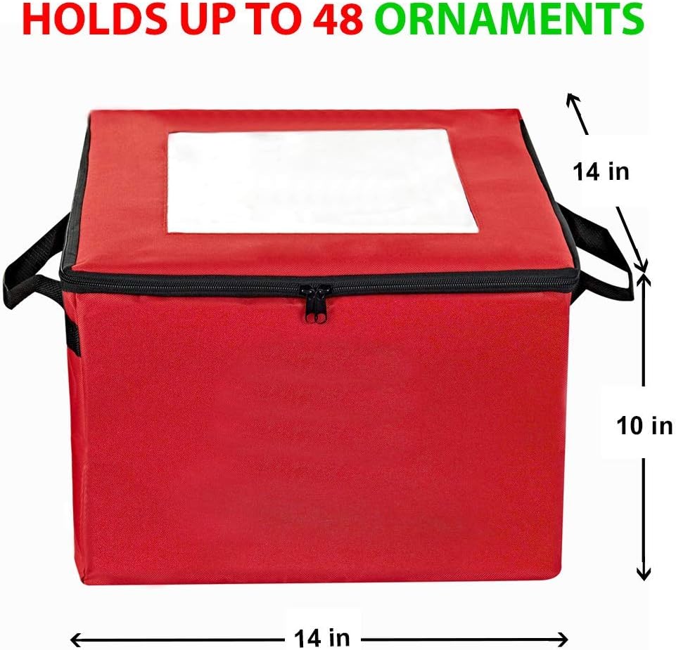 ProPik Christmas Ornament Storage Box - Organizes Up to 48 Ornaments with 3 Removable Trays | Red