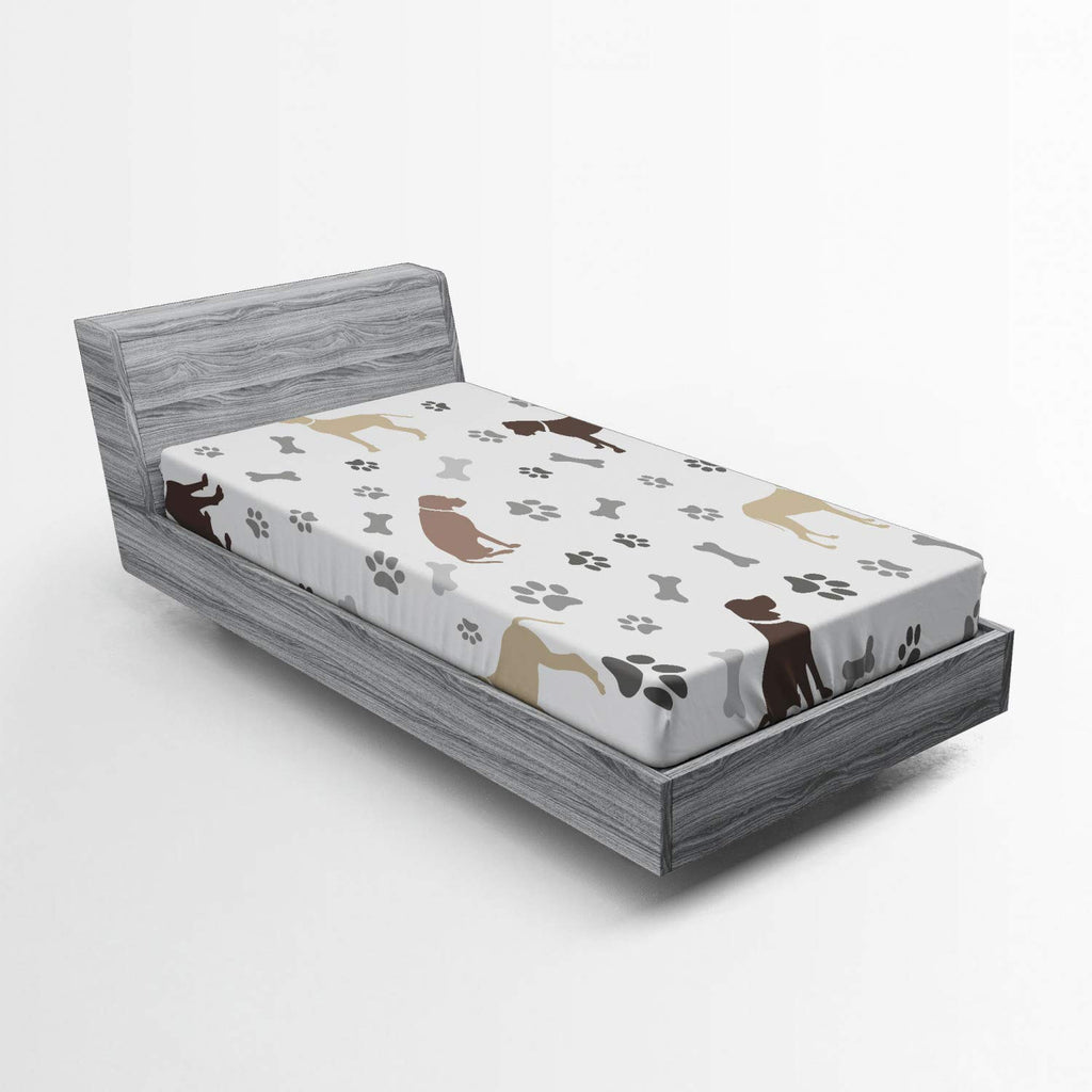 Ambesonne Dog Lover Fitted Sheet, Paw Print Bones and Dog Silhouettes American Foxhound Breed Playful Pattern, Bed Cover with All-Round Elastic Deep Pocket for Comfort, Twin Size, Umber Beige Grey