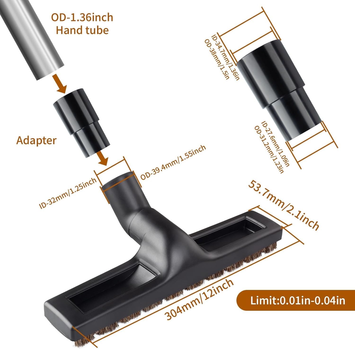 Universal Vacuum Floor Brush Attachments for 32 mm (1 1/4") and 35 mm (1 3/8") Tubes - 14Inch For Shop vac and Miele and Dyson Vacuum 1 Floor Brush + 1 Adapter (Black)