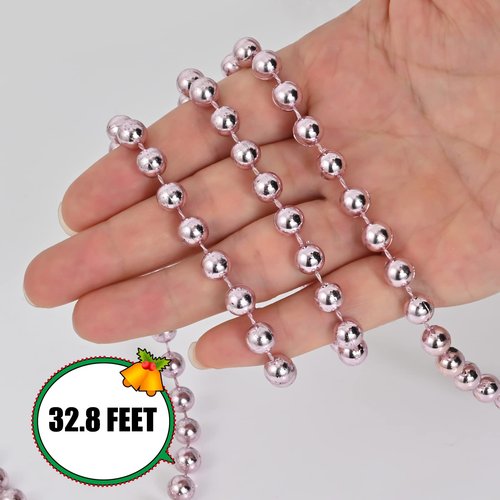 32.8 Feet Christmas Bead Garland Xmas Artificial Pearls Beads Garland Christmas Tree Garland Chain Decorations for Xmas Tree Holiday Wedding DIY Decoration Supplies (Pink)