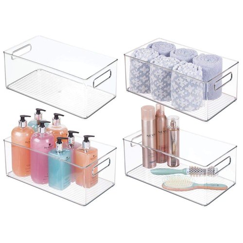 mDesign Plastic Bathroom Storage Container Bins w/ Handles - Closet, Cabinet, Vanity, Cupboard Shelf Organization, Hair Tools Accessory Organizer - Ligne Collection; Clear, 14.6x8.1x6 (Pack of 4)