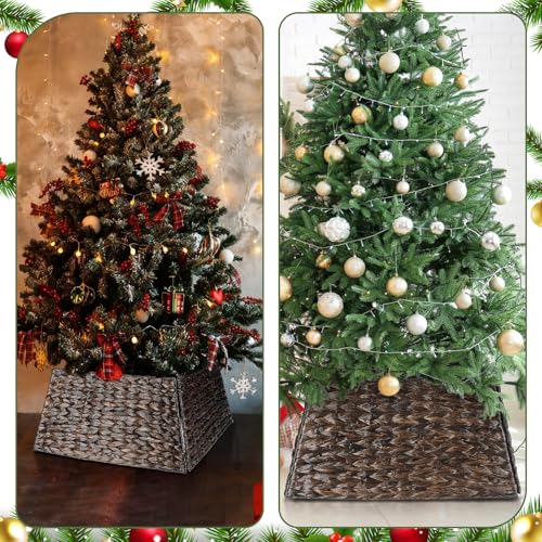 Christmas Tree Collar Water Hyacinth Woven Farmhouse Square Base Cover - Brown Black - 22 Inch