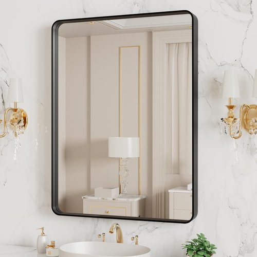 LOAAO Black Metal Framed Bathroom Mirror - 20x16 Inch Matte Black Rounded Rectangle | Anti-Rust, Versatile Hanging Options