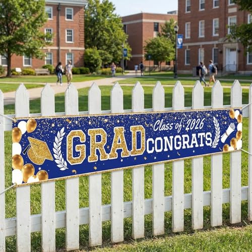 Blue Gold Graduation Banner 2026 - Large Party Decoration