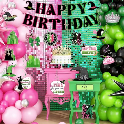 Witch Birthday Decorations Set - Pink & Green Banner & Swirl Streamers