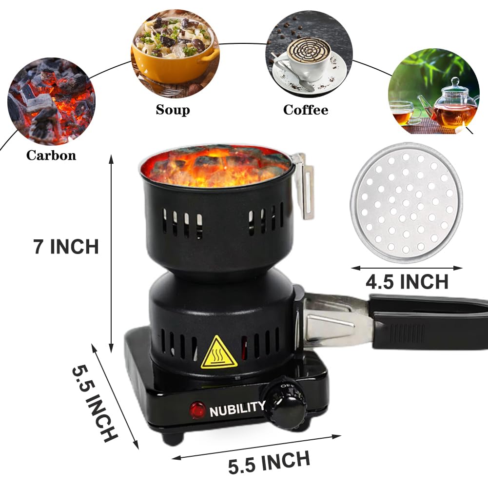 650W Electric Stove Coconut Charcoal Starter, ETL Approved Coal Burner for with Detachable Handle Stainless Steel Grill & Rack Smart Heat Control Long Cable for BBQ Kitchen