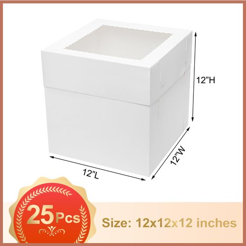Mefleet 25pcs Tall Cake Boxes 12x12x12 Bakery Boxes for Tier Cakes with Window 12 Inch White Large Cardboard Bakery Take Out Carrier Containers with Lids for Wedding, Birthday, Party