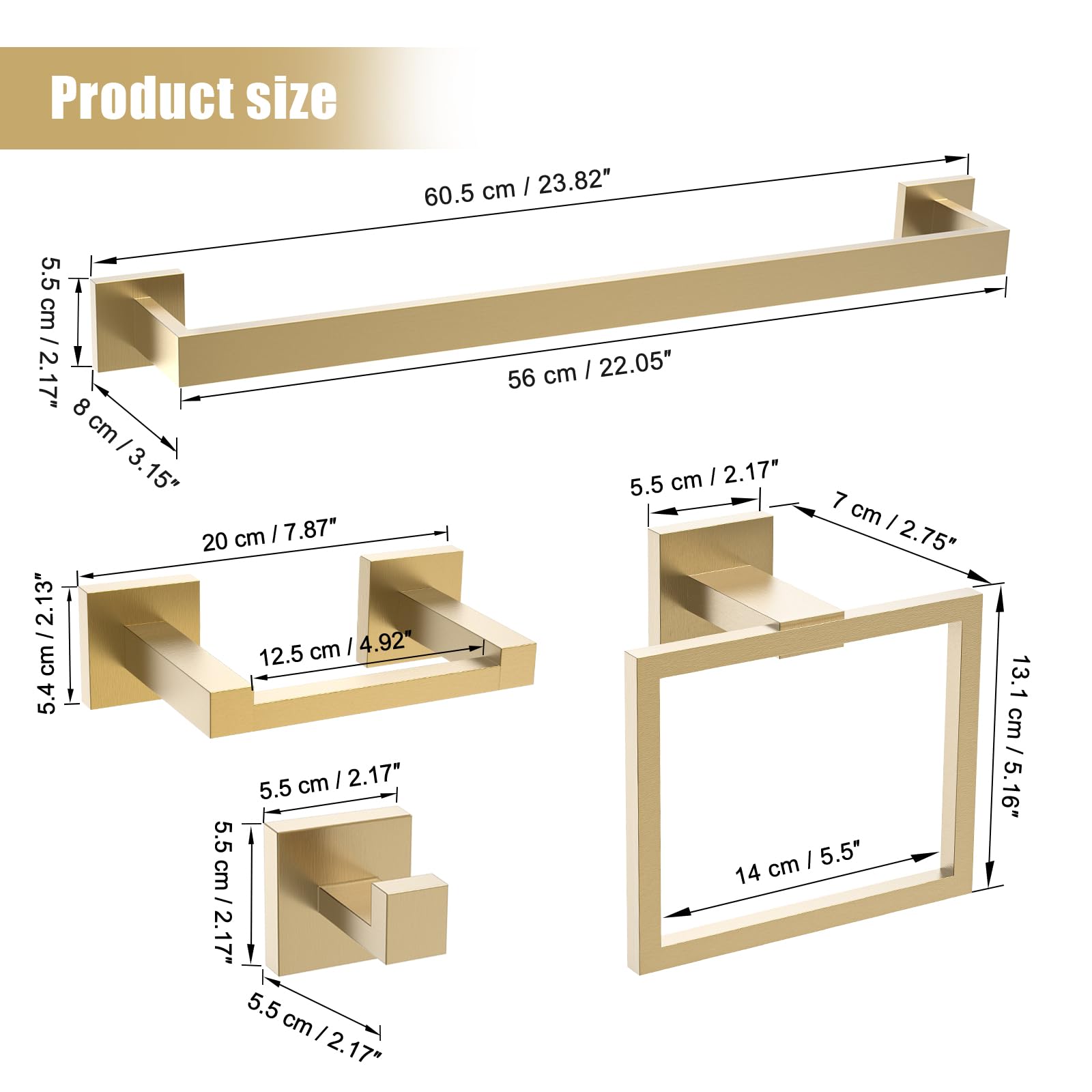 TQKAG Brushed Gold Bathroom Hardware Accessories Set 5 Pieces, Double Post Pivoting Toilet Paper Holder Set Stainless Steel Square Bathroom Towel Bar Holder Set Wall Mounted