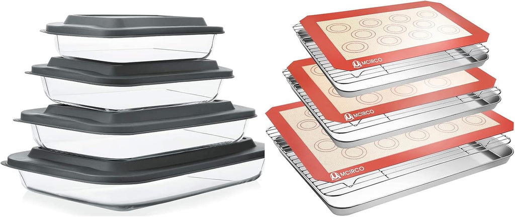 MCIRCO Glass Baking Dish Set - 8 Pcs with Lids & 9 Pcs Stainless Steel Baking Sheet Tray Set | Perfect for Cooking & Baking