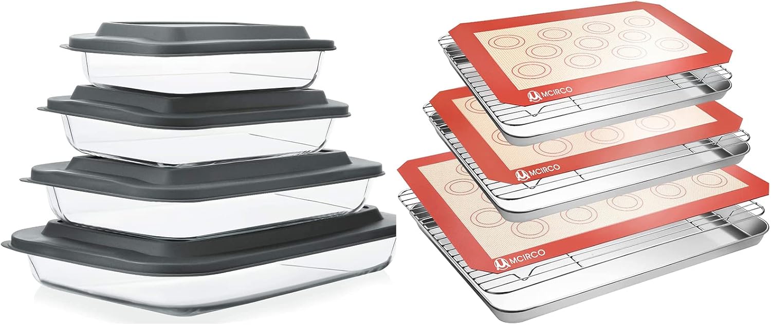 MCIRCO Glass Baking Dish Set - 8 Pcs with Lids & 9 Pcs Stainless Steel Baking Sheet Tray Set | Perfect for Cooking & Baking