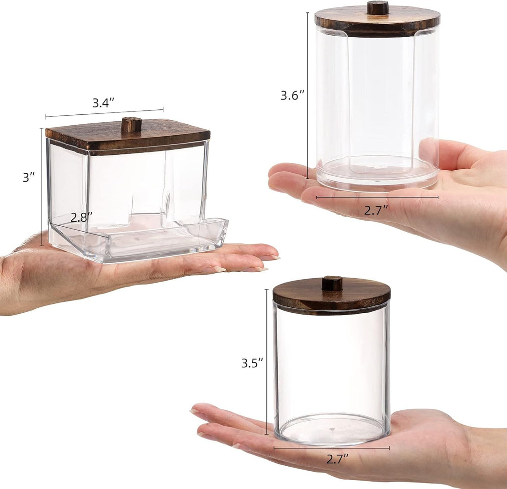 Tbestmax Bathroom Organizer Set - 3-Piece Apothecary Jar Set with Wood Lids for Q-Tips & Cotton Balls