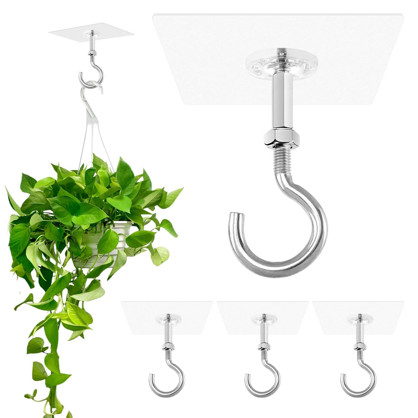 YOSINXU 4 Pack Adhesive Ceiling Hooks, 30lbs Heavy Duty Ceiling Hooks for Hanging Plants, No Drilling Wall Hook Sticky Hanger for Hanging Lights, Wind Chimes, Lantern