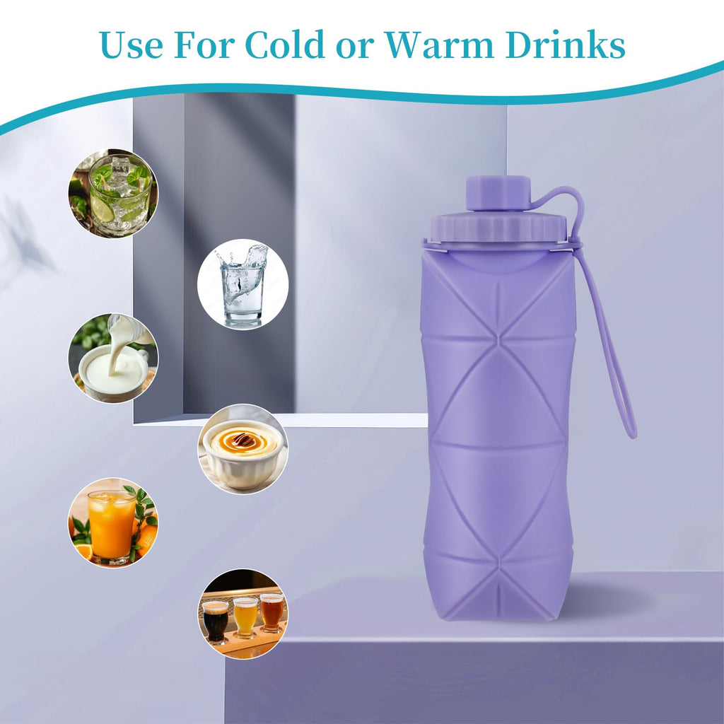 YCTMALL Silicone Collapsible Water Bottles,Lightweight Reusable Leakproof For Traveling Camping Hiking Cycling Sports Outdoor,Foldable Portable Travel Water Bottle 600ML Dark Grey And Purple 2Pack.