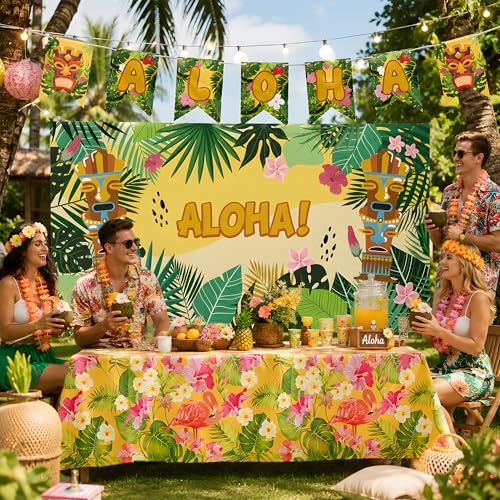 Aloha Luau Party Decorations Set - Yellow Hawaiian Theme Backdrop & Tablecloth