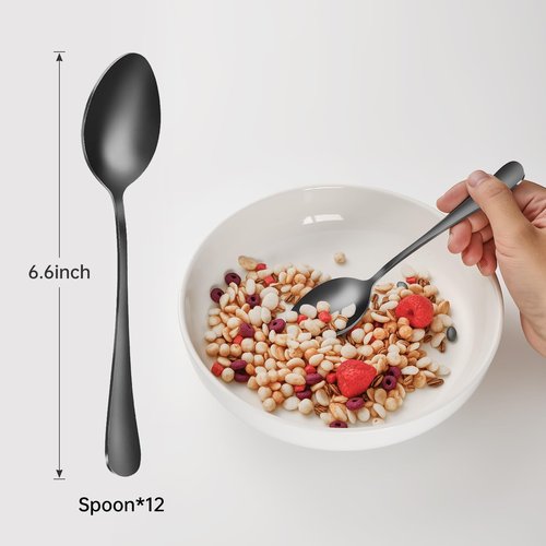 Black Spoons silverware teaspoons set of 12 dessert spoon 6.6inch Food-Grade stainless steel kitchen, dinner spoons (Black)