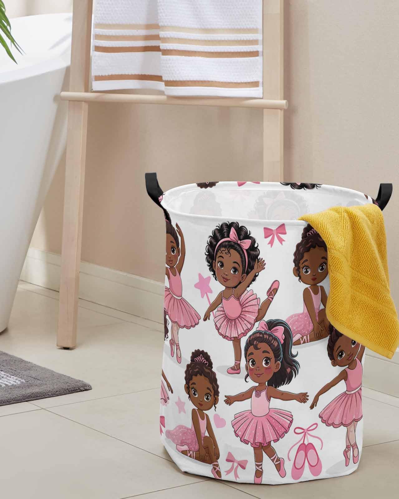 Laundry Basket African Black Girl Ballet Dance,Waterproof Collapsible Clothes Hamper Pink Skirt Star Bow,Large Storage Bag for Bedroom Bathroom