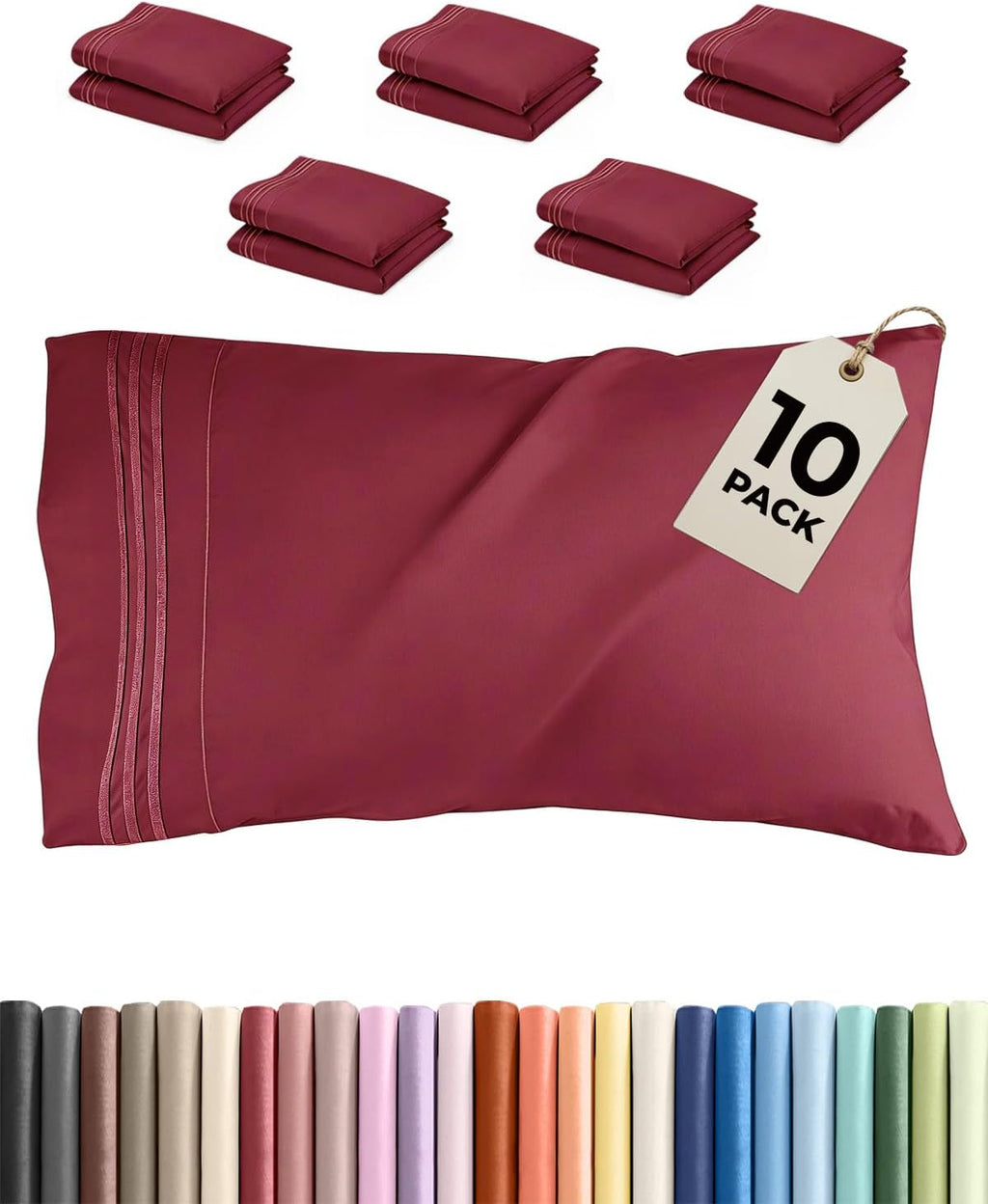Queen Pillow Cases by [Brand Name] - Ultra Soft Hotel Quality Covers | Wrinkle-Free & Stain Resistant - 10-Piece Set in Burgundy