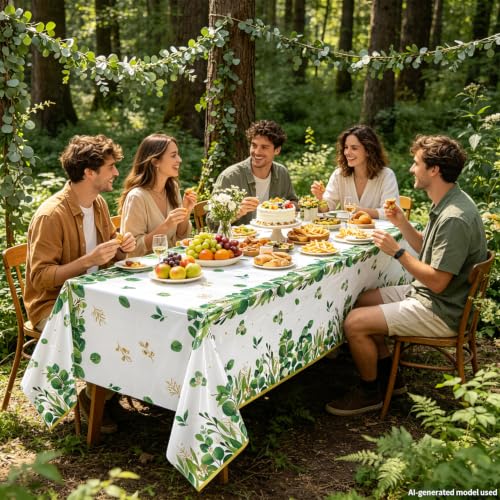 TJYJOY 3-Pack Sage Green Eucalyptus Leaf Plastic Tablecloths 51x86 In