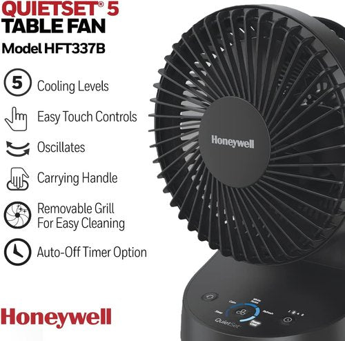 Honeywell QuietSet Oscillating Table Fan - Quiet Operation with 5 Power Levels | Black, Ideal for Small Rooms