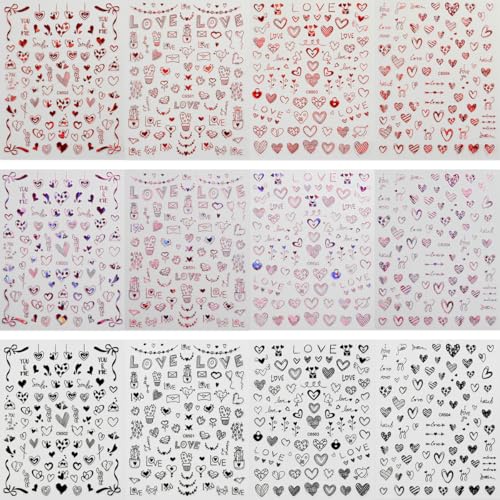 Valentine's Day 3D Self-Adhesive Heart Nail Stickers - 12 Sheets