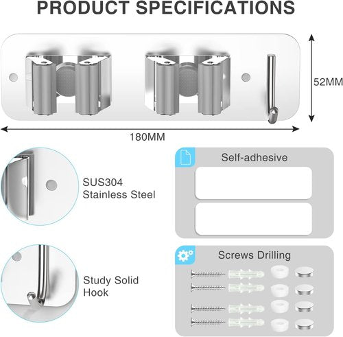 Homeasy Wall Mount Mop and Broom Holder - Heavy Duty Stainless Steel Organizer Rack | 2-Pack, No Drill Installation, Silver