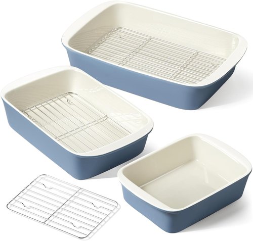 LE TAUCI Ceramic Baking Dish Set - Large Deep Casserole Dishes with Handles | Dusty Blue, 3-Piece Set (4.6QT/3.0QT/1.6QT)