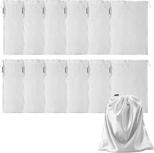 GONGKANGYUAN Satin Wig Bags - 12 Pcs Soft Silk Pouches with Drawstring for Hair Extensions | White