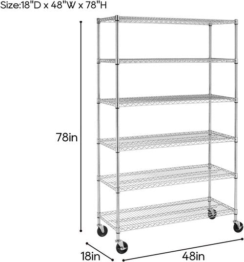 BestOffice 6-Tier Wire Storage Shelves - Heavy-Duty Metal Racks with Wheels | 18x48x78 | Chrome Finish | No-Tool Assembly for Home & Garage