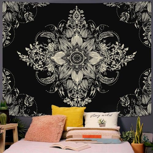 Lifeel Black and White Floral Tapestry 48" x 36" | Boho Wall Hanging