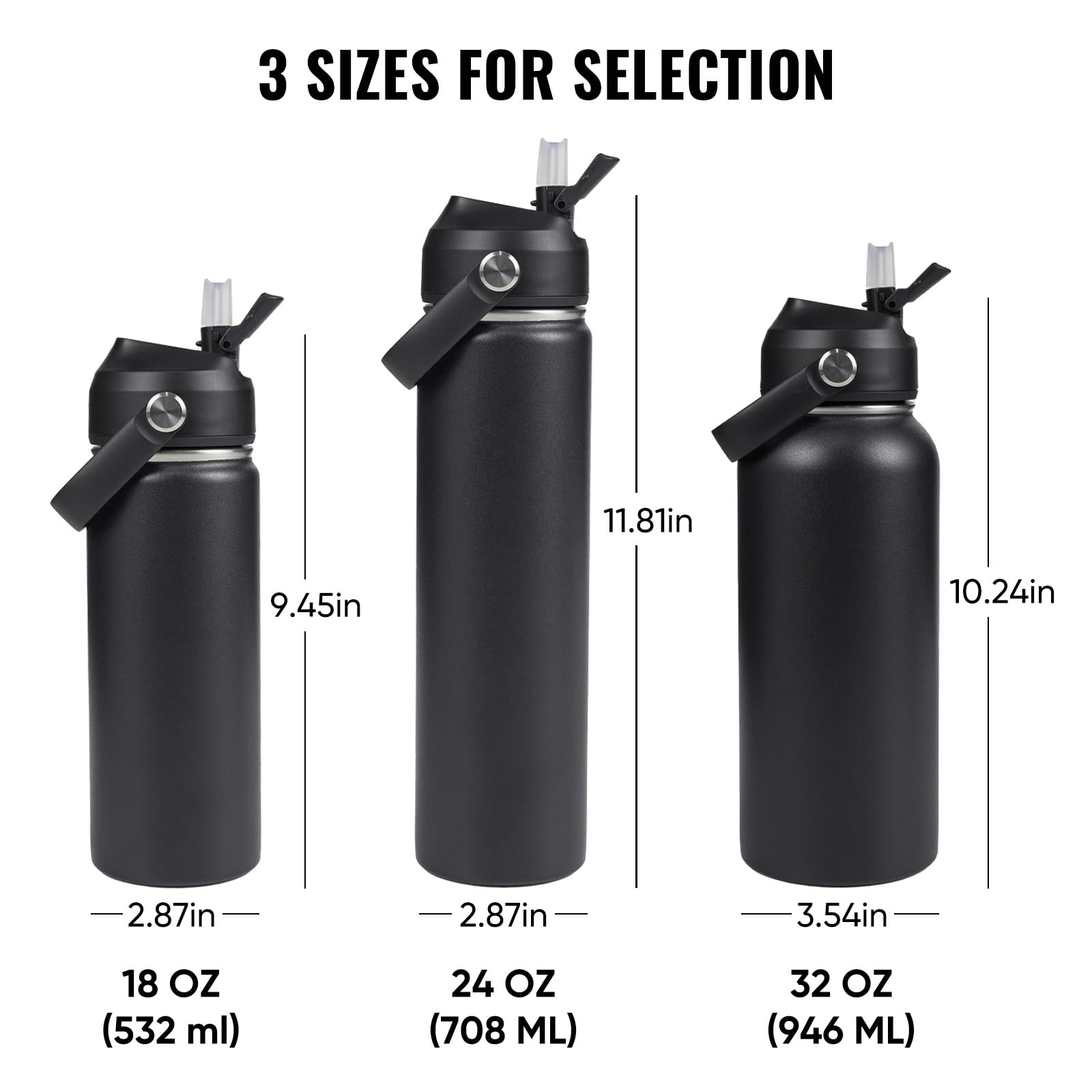 Fijinhom 24oz Insulated Stainless Steel Water Bottle, Wide Mouth Double Wall Vacuum, Silicone Straw, Sweat & Leak Proof, BPA Free Insulated Water Flask for Travel, Keep Cold 24h Hot 12h, Black