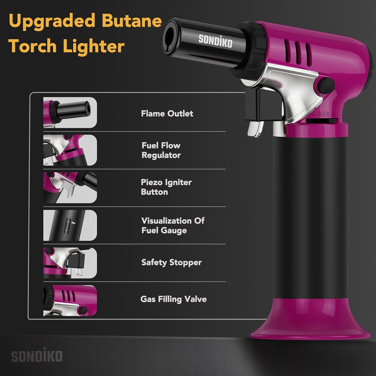 Sondiko Butane Torch - Refillable Soldering Lighter with Adjustable Flame | Pink & Black Design