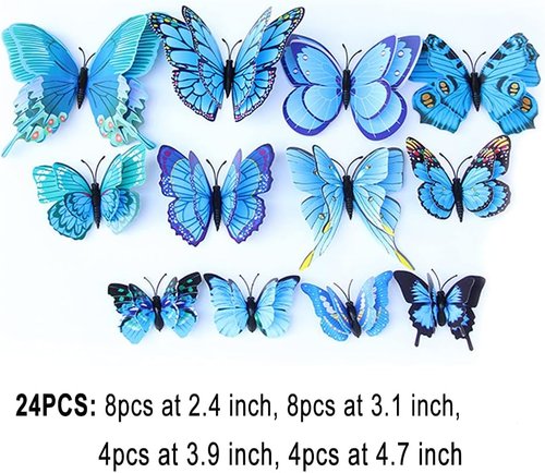 BOPART 3D Butterfly Decals - 24Pcs Magnetic Wall Stickers for Party Decor | Blue Butterflies (12 Styles, 4 Sizes)