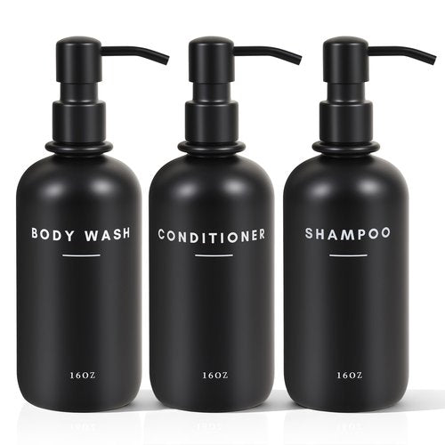 Set of 3 Shampoo and Conditioner Dispenser Stainless Steel Pump Head - 16oz Durable Shower Soap Dispenser and Shampoo Bottles - Easy to Refill Bathroom soap Dispenser Set Bathroom Decor with Labels
