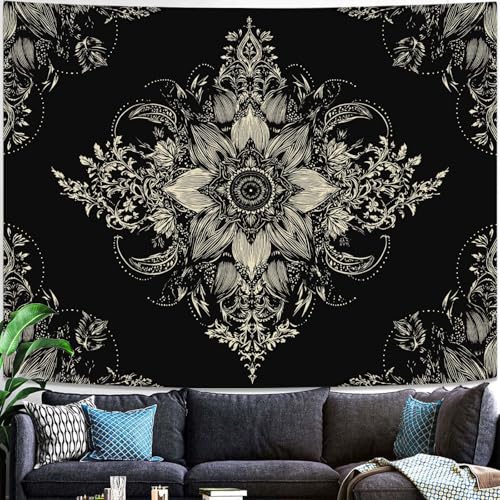 Lifeel Black and White Floral Tapestry 48" x 36" | Boho Wall Hanging