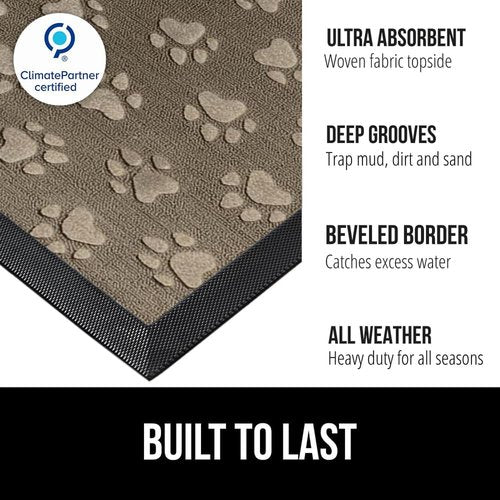 GORILLA GRIP Waterproof All-Season WeatherMAX Doormat - 35x23, Natural Rubber, Stain & Fade Resistant, Easy Clean, Tan Pawprints