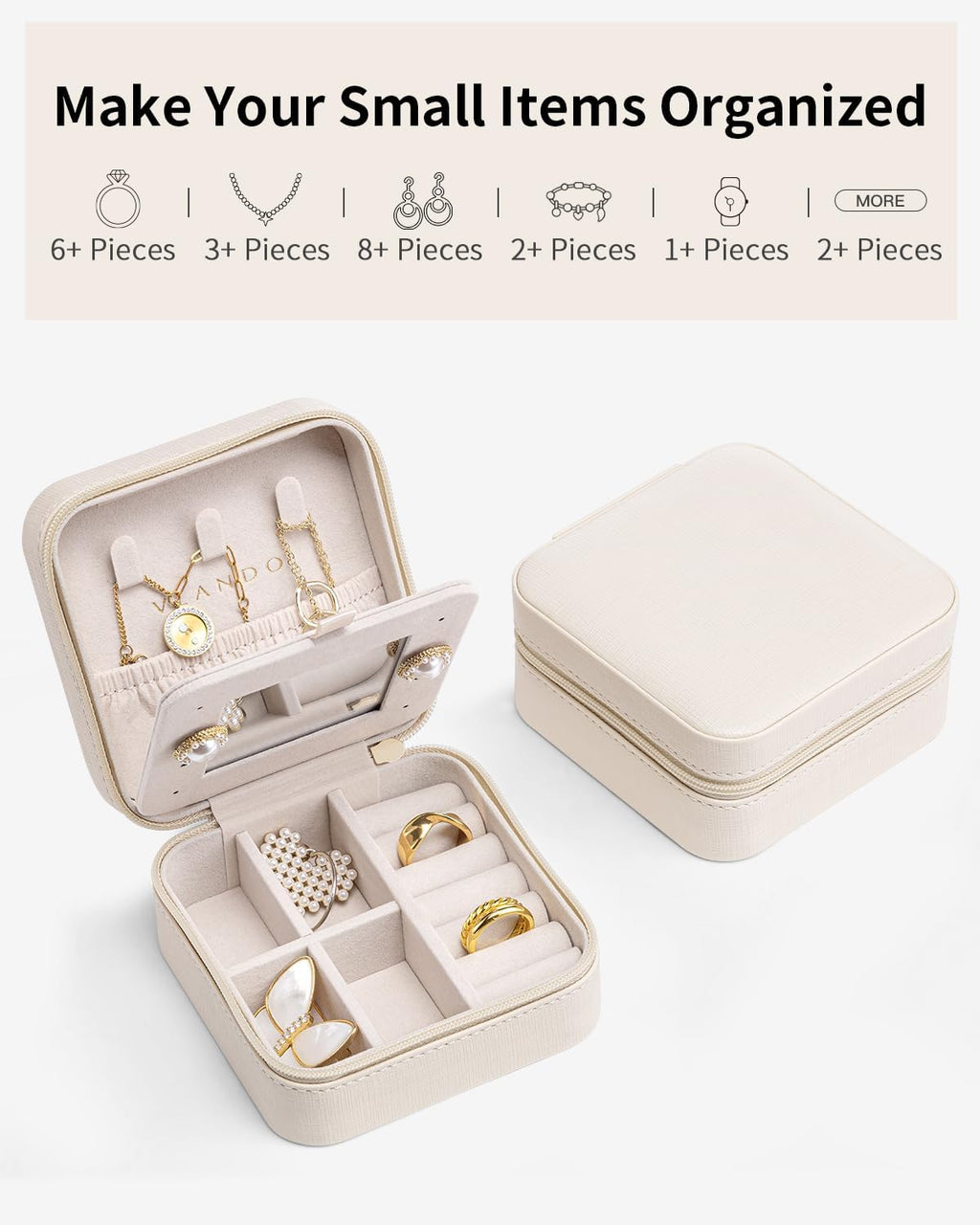 VLANDO Bridesmaid Gifts - Small Travel Jewelry Box Organizer - Wedding Gifts for Girls Women Rings Earrings Necklaces Storage with Mirror - Milky White