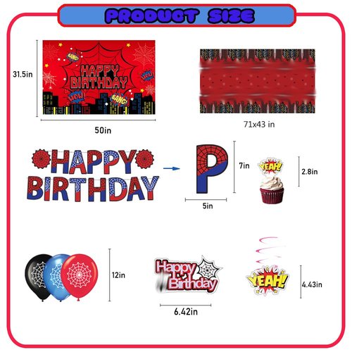 Spider Theme Birthday Party Supplies Party Decorations Including Birthday Banner, Backdrop, Balloons, Hanging Swirls, Tablecloth, Cake Toppers for spider Party