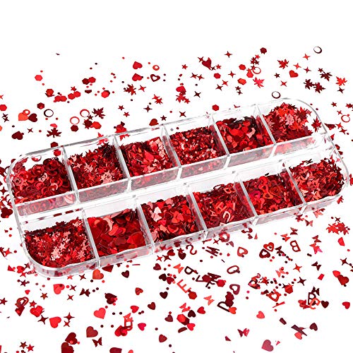SeBeauty Red Nail Art Glitter Sequins 12-Grid 3D Valentine Charms