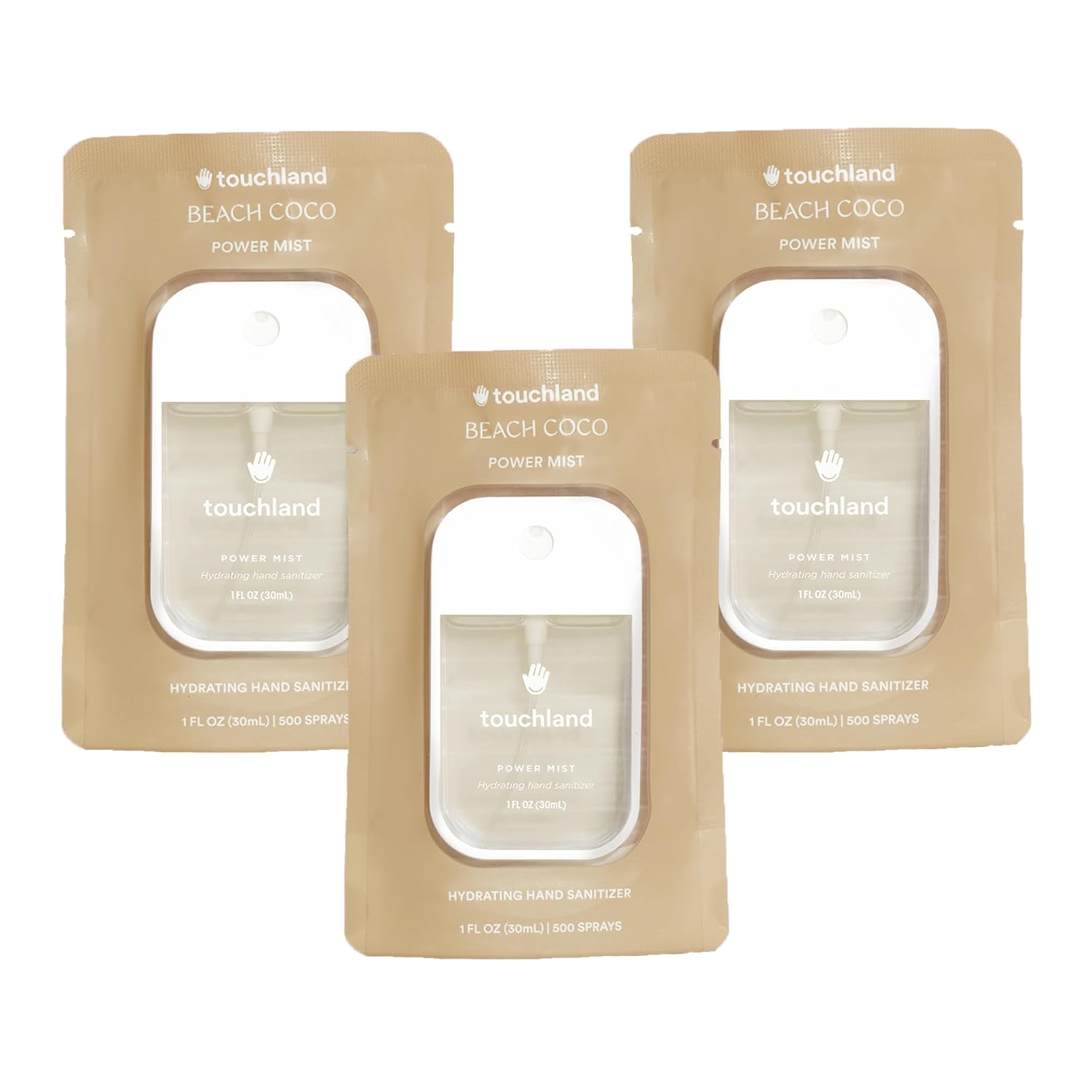 Touchland Hydrating Hand Sanitizer Spray - Beach Coco Trio Set | Dye-Free Travel Mists (3 x 1 FL OZ)