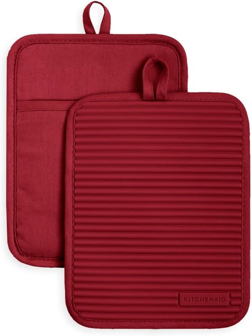 KitchenAid Silicone Pot Holder Set - Soft Ribbed Design in Smoked Paprika Red | 7"x9" Size