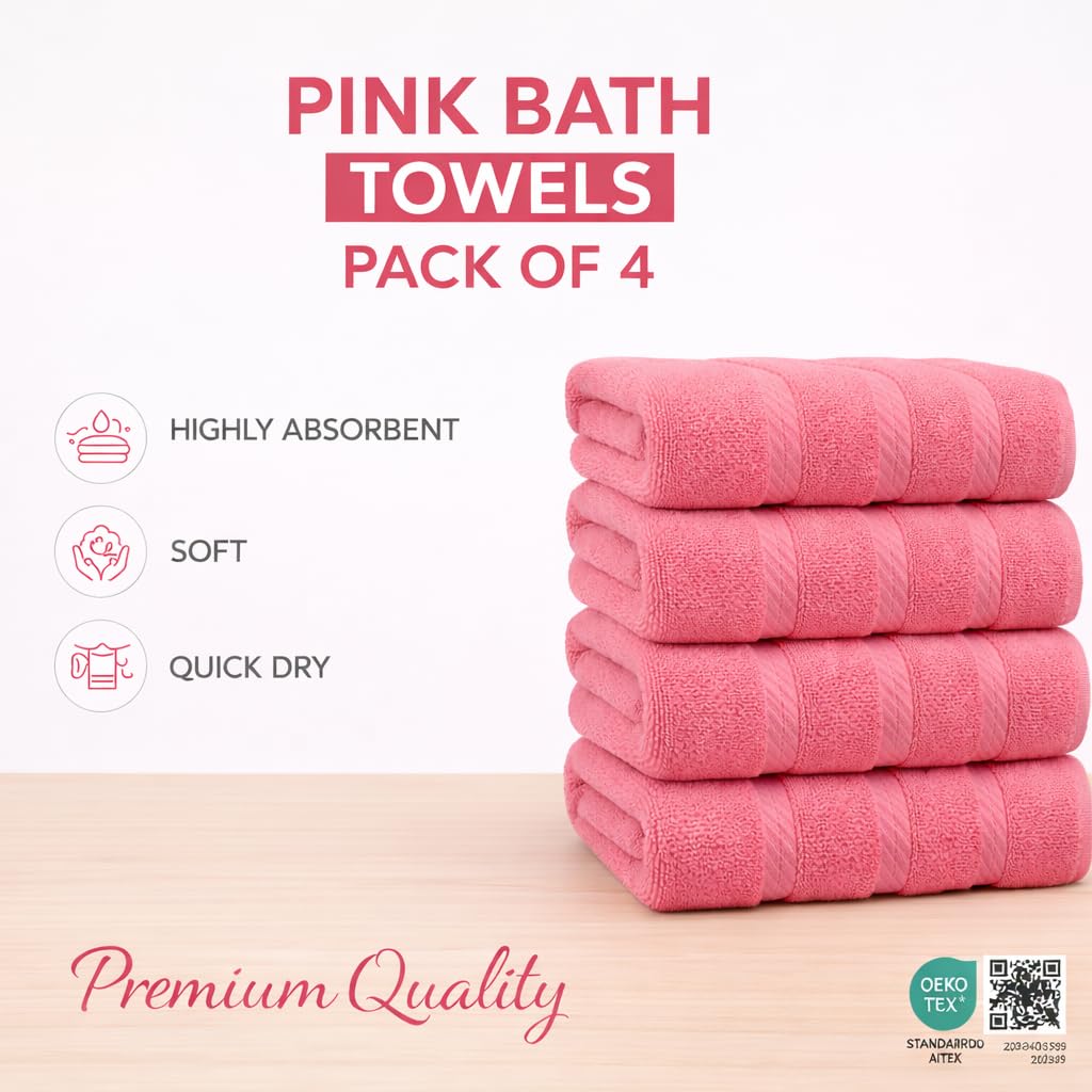 Bath Towels 27x54 – Pack of 4 | Soft & Quick-Dry | Highly Absorbent 100% Ring Spun Cotton Towels for Bathroom, Spa, Home & Hotel Use (Pink)