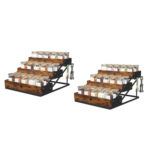 KOKSTOP 3 Tier Foldable Spice Rack Organizer for Countertop, Step Shelf with Spice Jars for Kitchen Cabinet Drawers Seasoning Rustic Wooden Spice Holder for Home, Cupboard or Door - 2PCS