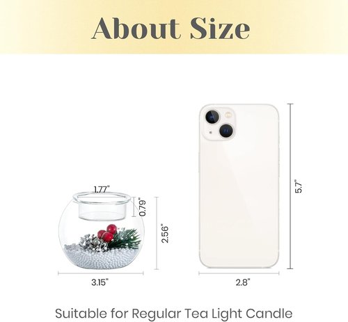Hewory Tealight Candle Holders - Set of 6 Glass Holders with Red Berry & Pinecone | Festive Christmas Table Decor