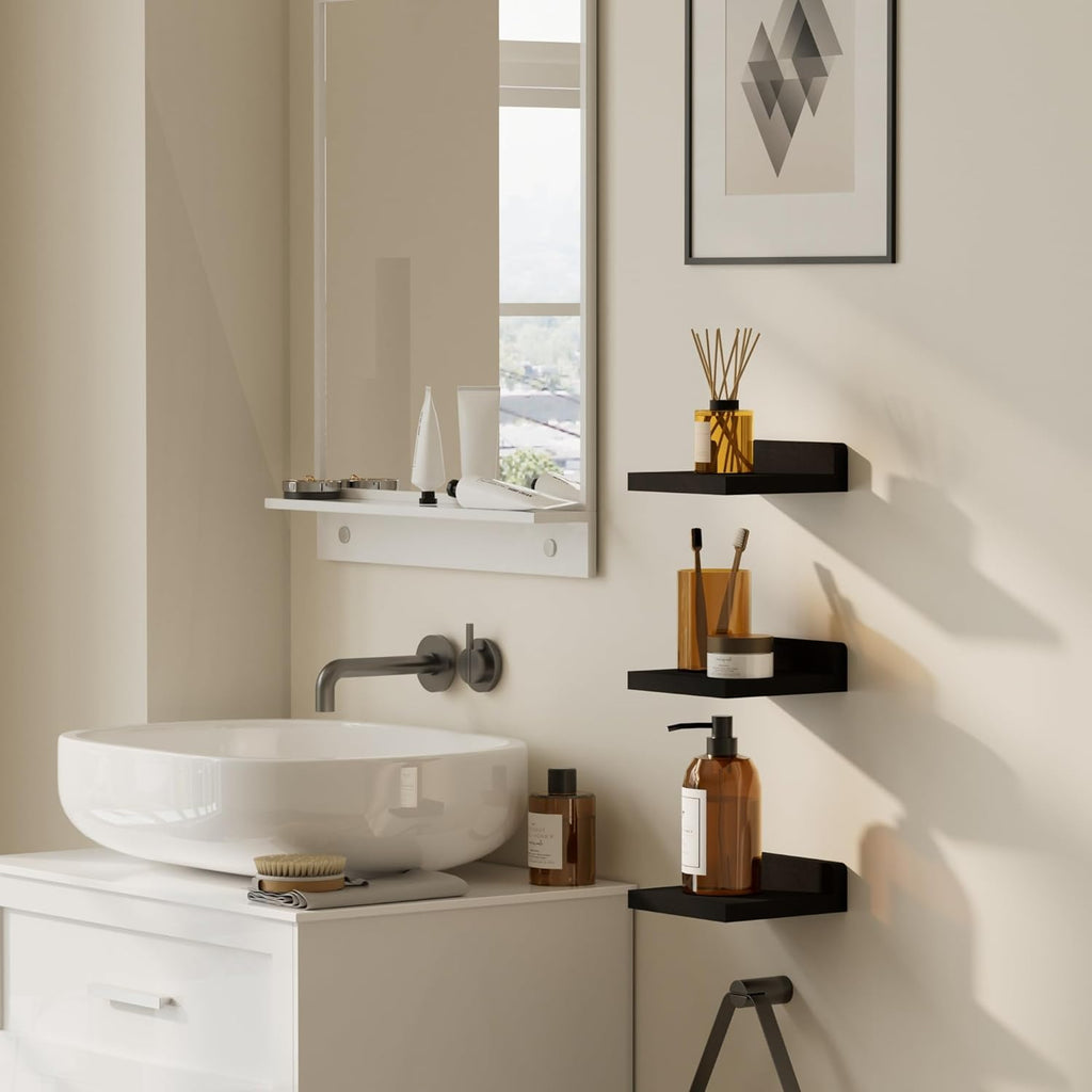QsQueen Small Floating Shelves - 5 Inch Mini Wall Shelf for Bathroom & Living Room | 3 Pack with Dual Installation Options