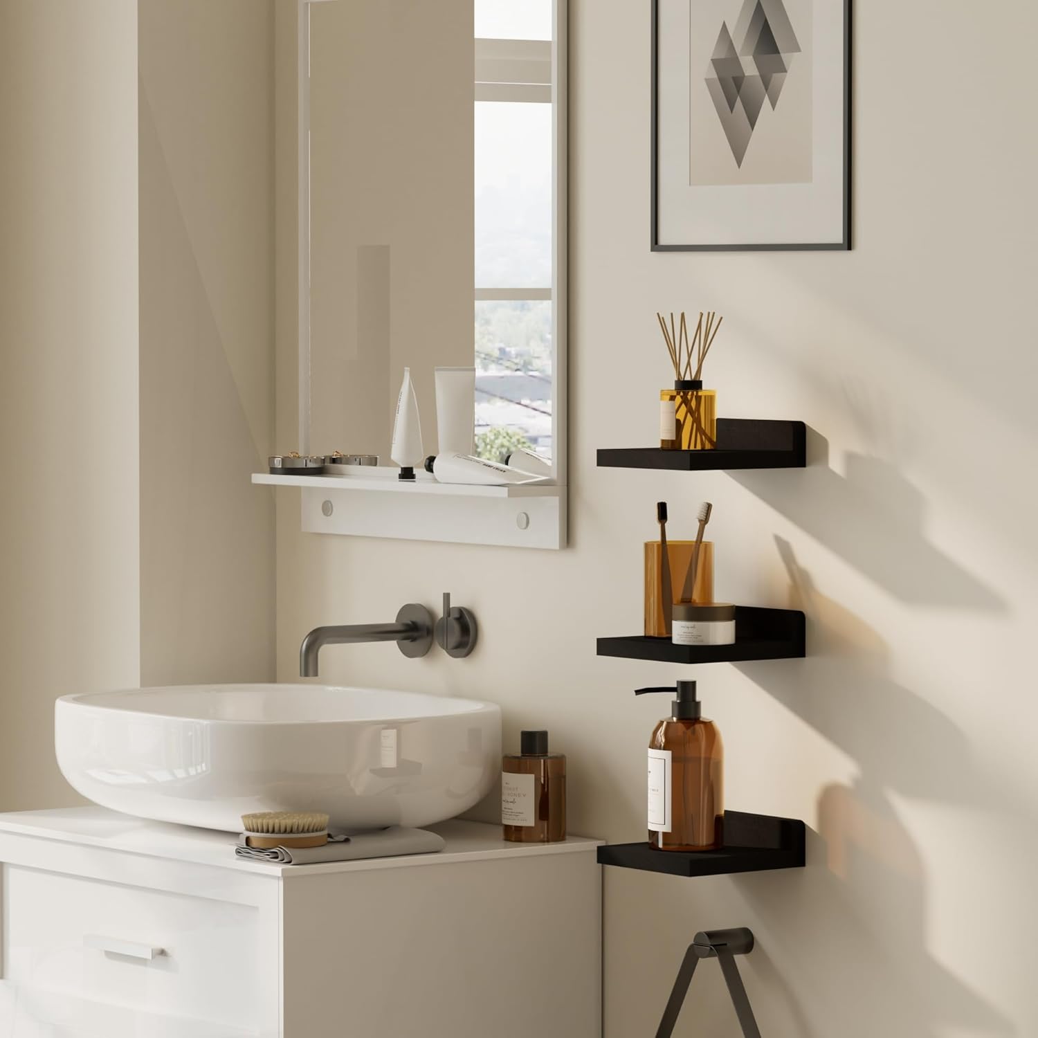 QsQueen Small Floating Shelves - 5 Inch Mini Wall Shelf for Bathroom & Living Room | 3 Pack with Dual Installation Options